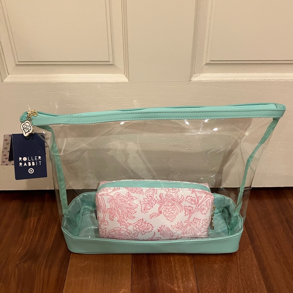 Roberta Roller Rabbit Clear Cosmetic Bag with Mint Trim and Pink Floral Pouch